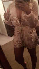 Champagne gold sequined flowers mesh jumpsuit with gold waist rope romper lowest price