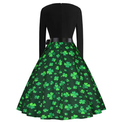 A-Z women's new round neck black patchwork clover print large swing dress