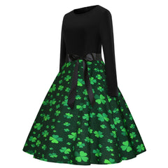 A-Z women's new round neck black patchwork clover print large swing dress