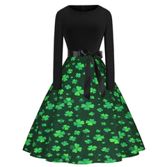 A-Z women's new round neck black patchwork clover print large swing dress
