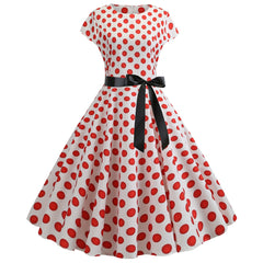 A-Z Women's New Collar Cap Sleeve Round Wave Dotted Large Swing Dress with Black Ribbon