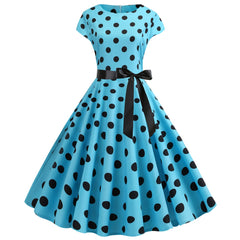 A-Z Women's New Collar Cap Sleeve Round Wave Dotted Large Swing Dress with Black Ribbon