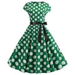 A-Z Women's New Collar Cap Sleeve Round Wave Dotted Large Swing Dress with Black Ribbon