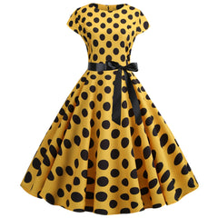 A-Z Women's New Collar Cap Sleeve Round Wave Dotted Large Swing Dress with Black Ribbon