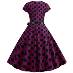 A-Z Women's New Collar Cap Sleeve Round Wave Dotted Large Swing Dress with Black Ribbon