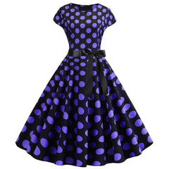 A-Z Women's New Collar Cap Sleeve Round Wave Dotted Large Swing Dress with Black Ribbon