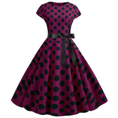 A-Z Women's New Collar Cap Sleeve Round Wave Dotted Large Swing Dress with Black Ribbon