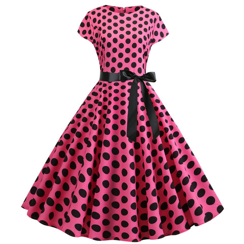 A-Z Women's New Collar Cap Sleeve Round Wave Dotted Large Swing Dress with Black Ribbon