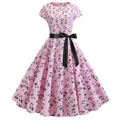 A-Z Women's New Music Note Print Black Ribbon Swing Dress