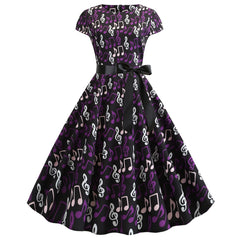 A-Z Women's New Music Note Print Black Ribbon Swing Dress