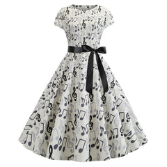 A-Z Women's New Music Note Print Black Ribbon Swing Dress