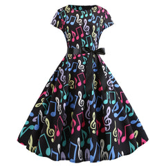 A-Z Women's New Music Note Print Black Ribbon Swing Dress