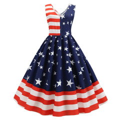 A-Z Women's New V-neck Sleeveless Stripe Star Print Large Swing Dress