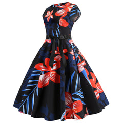 A-Z Women's New Round Neck Sleeve Wrap Print Large Swing Dress with Black Ribbon