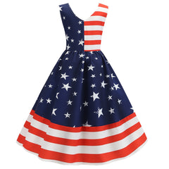 A-Z Women's New V-neck Sleeveless Stripe Star Print Large Swing Dress