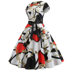 A-Z Women's New Round Neck Sleeve Wrap Print Large Swing Dress with Black Ribbon