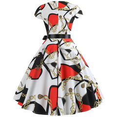 A-Z Women's New Round Neck Sleeve Wrap Print Large Swing Dress with Black Ribbon