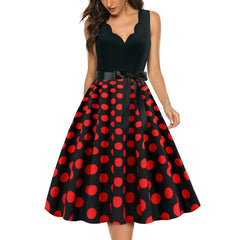 A-Z Women's New Wave Short Sleeve Wave Dotted Mid length Large Swing Skirt