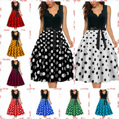 A-Z Women's New Wave Short Sleeve Wave Dotted Mid length Large Swing Skirt