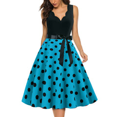 A-Z Women's New Wave Short Sleeve Wave Dotted Mid length Large Swing Skirt