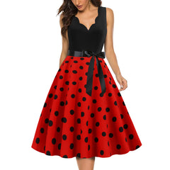 A-Z Women's New Wave Short Sleeve Wave Dotted Mid length Large Swing Skirt