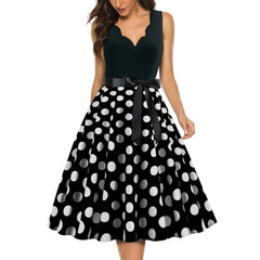 A-Z Women's New Wave Short Sleeve Wave Dotted Mid length Large Swing Skirt