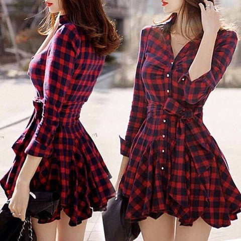 CUTE GRID V COLLAR LONG SLEEVE HOT DRESS