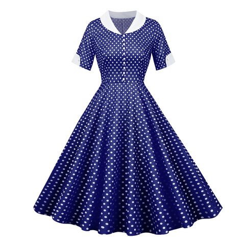 A-Z women's new V-neck single breasted polka dot color short sleeved large swing dress
