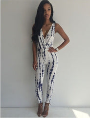 WHITE GEAR PRINTED SLEEVELESS DEEP V JUMPSUITS