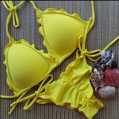 HOT YELLOW TWO PIECE PLEATED BIKINIS PURE COLOR