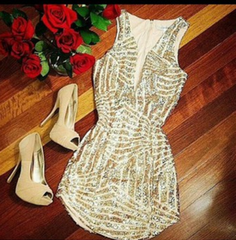 CUTE SHINING SEQUINS V COLLAR DRESS