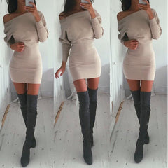 HOT CUTE OFF SHOULDER PURE COLOR BAT SLEEVE DRESS HIGH QUALITY NOT THE POOR