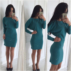 HOT CUTE OFF SHOULDER PURE COLOR BAT SLEEVE DRESS HIGH QUALITY NOT THE POOR