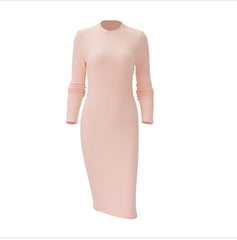 PURE COLOR ROUND COLLAR SEXY DRESS PACKAGE HIP LONG SLEEVE SKIRT