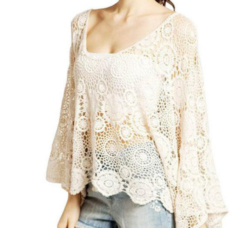 FASHION LACE HOLLOW OUT FLOWER BAT SLEEVE BLOUSE