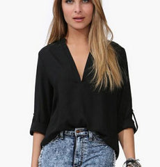 SPRING AND SUMMER LEISURE LONG-SLEEVED SHIRT TEMPERAMENT CHIFFON V-NECK SHIRT