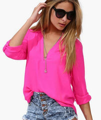 SPRING AND SUMMER LEISURE LONG-SLEEVED SHIRT TEMPERAMENT CHIFFON V-NECK SHIRT