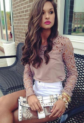 EMBROIDERY LACE STITCHING SNOW SPINS ROUND COLLAR LONG-SLEEVED SHIRT
