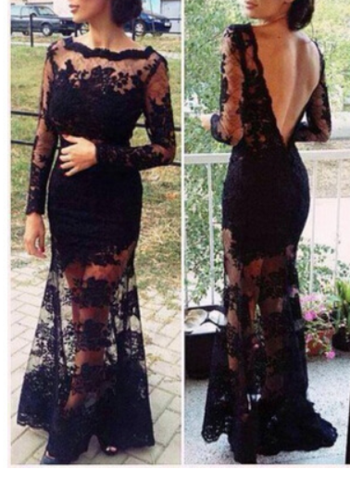 CUTE LACE LONG BLACK DRESS