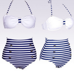 SEXY BLUE WHITE BIKINI HIGH WAIST