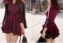 CUTE GRID V COLLAR LONG SLEEVE HOT DRESS