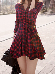 CUTE GRID V COLLAR LONG SLEEVE HOT DRESS