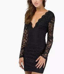 Big v-neck lace cultivate one's morality dress with long sleeves