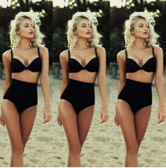 ON SALE PURE COLOR OF TALL WAIST A BATHING SUIT BLACK SWIMSUIT