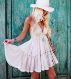 CUTE BACKLESS LACE PATCHWORK DRESS LACE-UP BEACH HOLIDAY DRESS