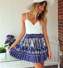 CUTE WHITE BLUE TOTEM STRAPS DRESS