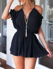 V-NECK CONDOLE OFF-THE-SHOULDER LOOSE WAIST ULTRASHORT CHIFFON CONJOINED DIVIDED SKIRTS
