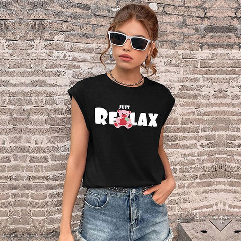 Women's new black printed short sleeve T-shirt