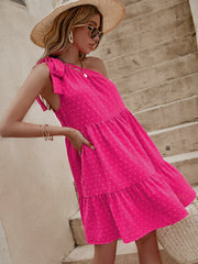 Women's new pink diagonal shoulder tie up A-line dress