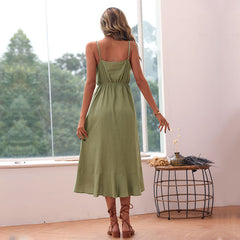 Women's New Loose Strap Green Cotton Linen Dress